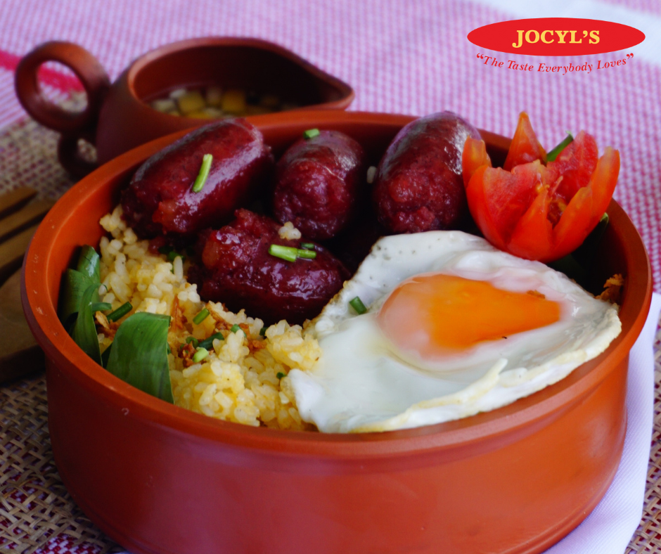 breakfast food : egg, garlic rice, and jocyl's chorizo de kalibo